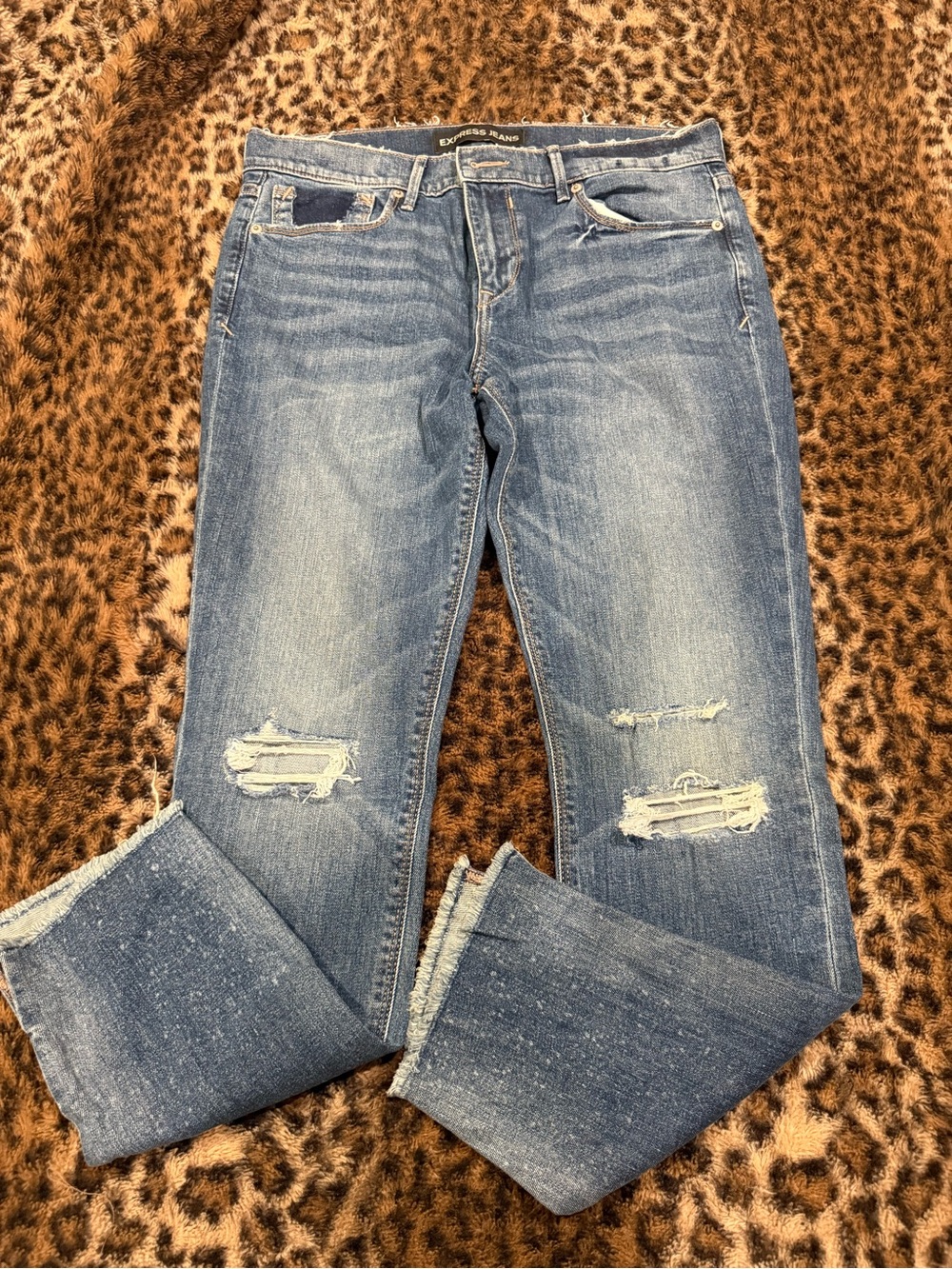 Express Women's Light Blue Straight Leg Distressed Jeans